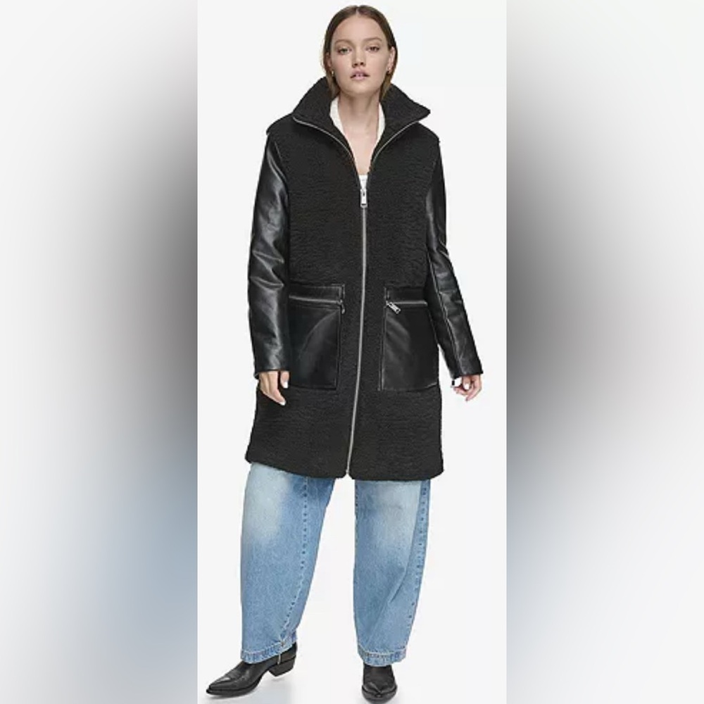 Marc New York Andrew Marc Black Sherpa Jacket with Faux Leather Sleeves Size S